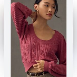 Anthropologie Paige Balloon Sleeve Artemisia Cable Sweater Cotton Silk LARGE